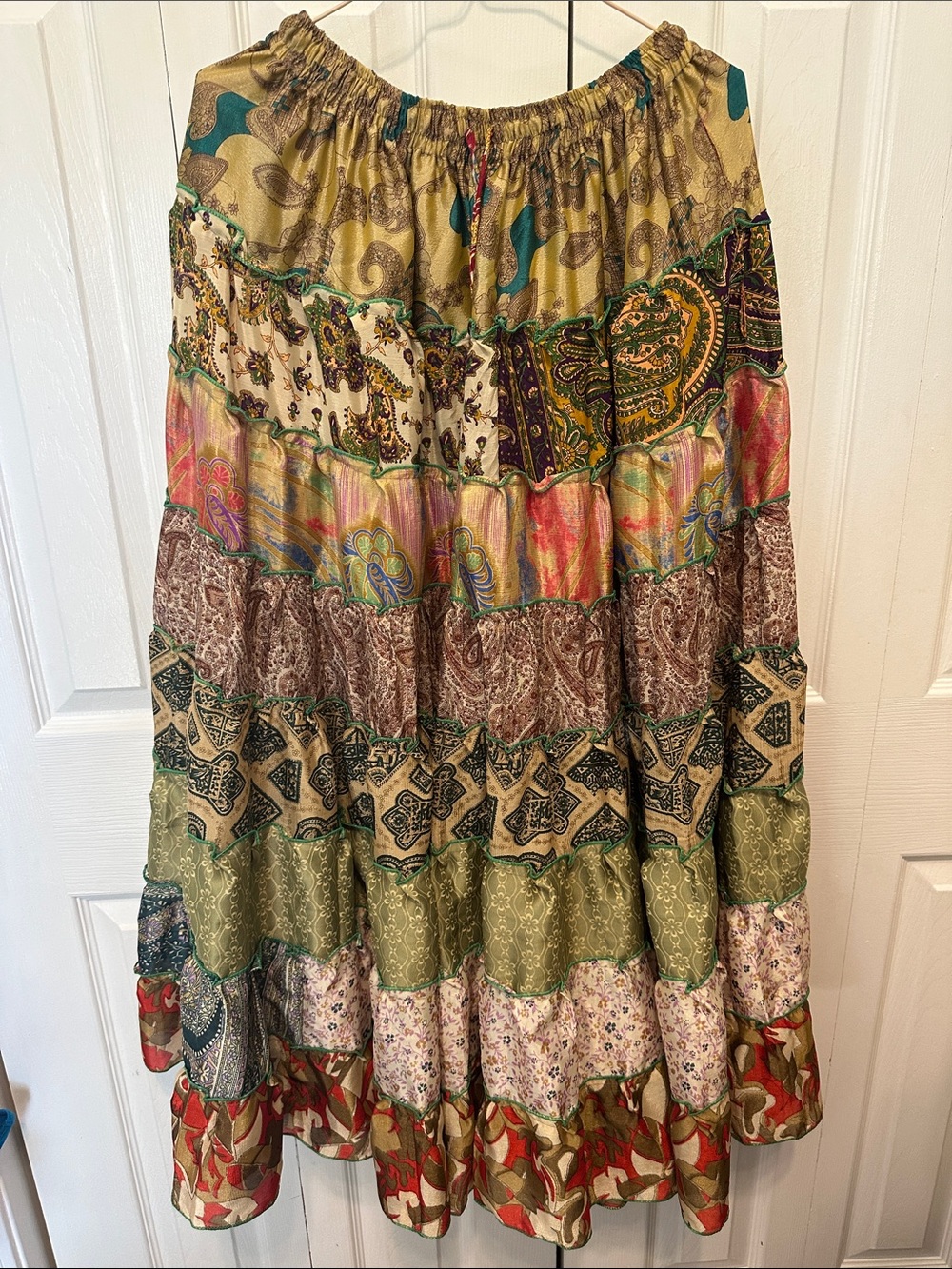 23. Bohemian Tiered Multicolored Patchwork Maxi Skirt With Pockets - Picture 2 of 3